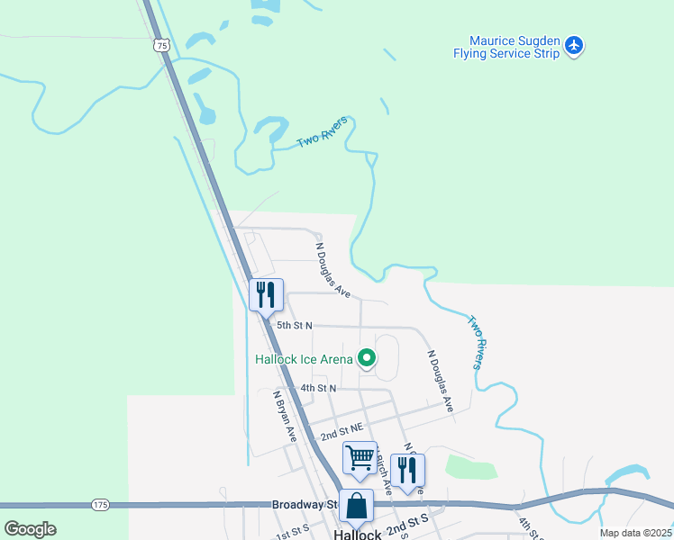 map of restaurants, bars, coffee shops, grocery stores, and more near 700 Douglas Avenue in Hallock
