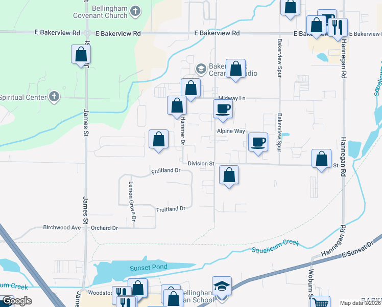 map of restaurants, bars, coffee shops, grocery stores, and more near 3820 Hammer Drive in Bellingham