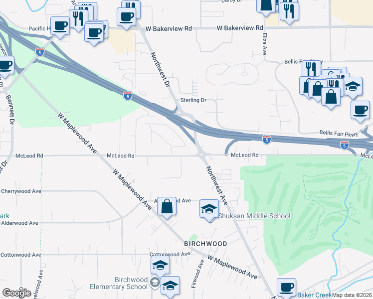 map of restaurants, bars, coffee shops, grocery stores, and more near 3608 East Rusley Drive in Bellingham