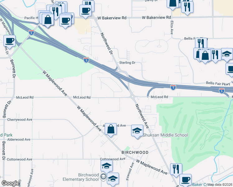 map of restaurants, bars, coffee shops, grocery stores, and more near 3608 West Rusley Drive in Bellingham