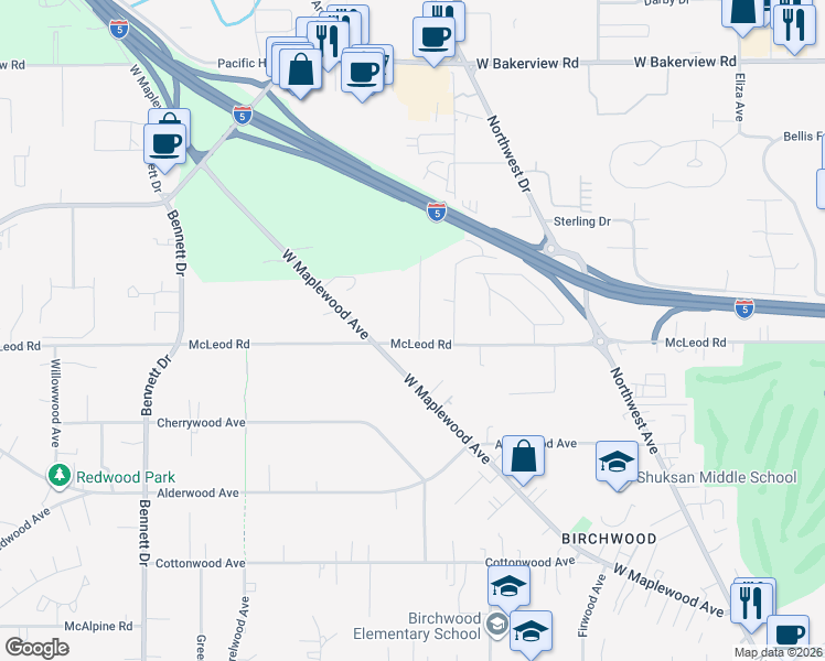 map of restaurants, bars, coffee shops, grocery stores, and more near 2938 McLeod Road in Bellingham