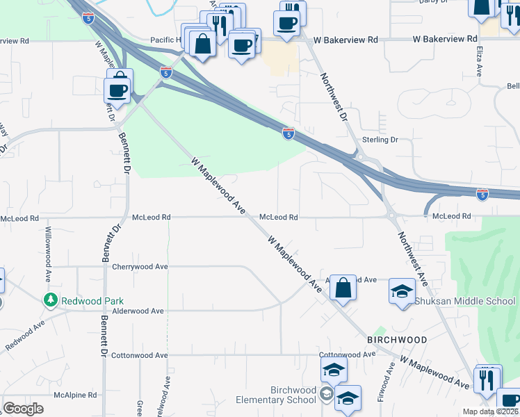 map of restaurants, bars, coffee shops, grocery stores, and more near 2950 McLeod Road in Bellingham