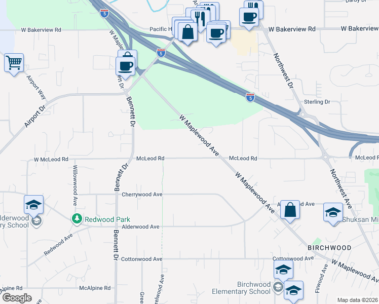 map of restaurants, bars, coffee shops, grocery stores, and more near 3110 McLeod Road in Bellingham