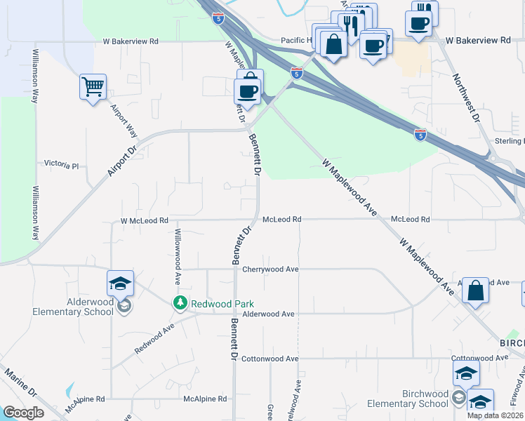 map of restaurants, bars, coffee shops, grocery stores, and more near 3610 Bennett Drive in Bellingham