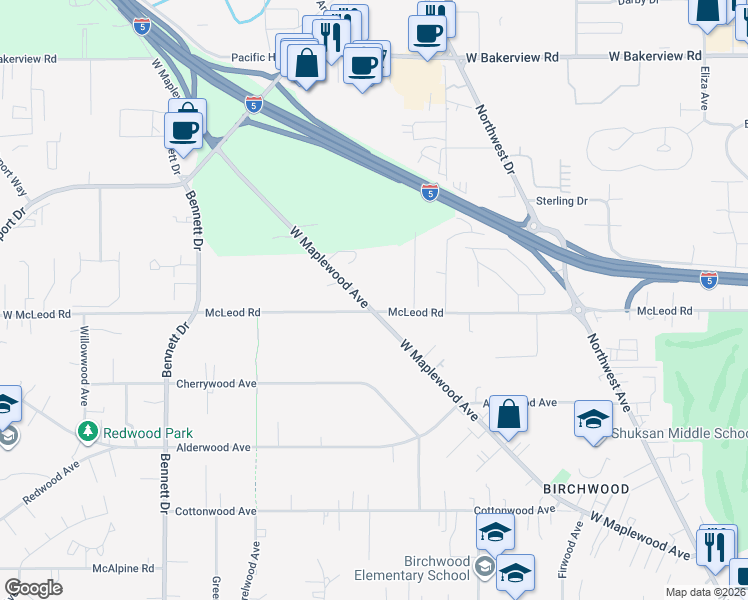 map of restaurants, bars, coffee shops, grocery stores, and more near 3000 West Maplewood Avenue in Bellingham