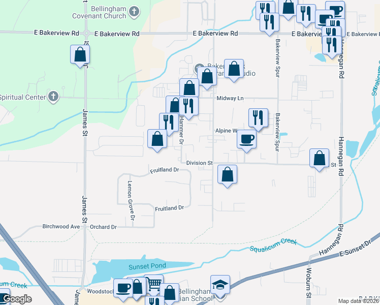 map of restaurants, bars, coffee shops, grocery stores, and more near 3820 Hammer Drive in Bellingham