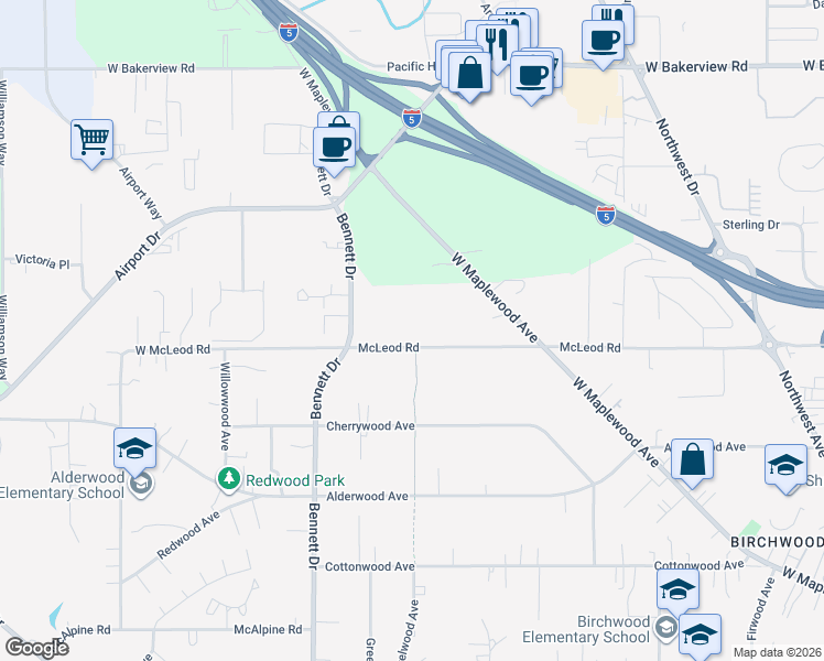 map of restaurants, bars, coffee shops, grocery stores, and more near 3206 McLeod Road in Bellingham