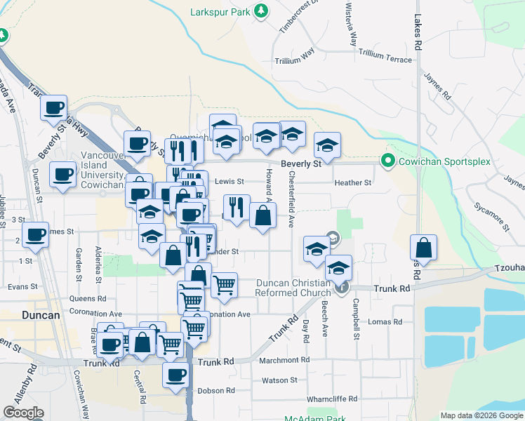 map of restaurants, bars, coffee shops, grocery stores, and more near 5850 Howard Avenue in Duncan