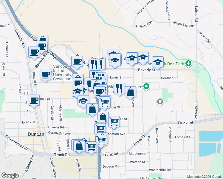 map of restaurants, bars, coffee shops, grocery stores, and more near 2555 Dingwall Street in Duncan