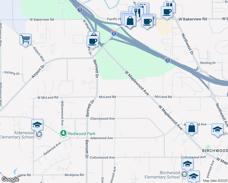 map of restaurants, bars, coffee shops, grocery stores, and more near 3206 McLeod Road in Bellingham