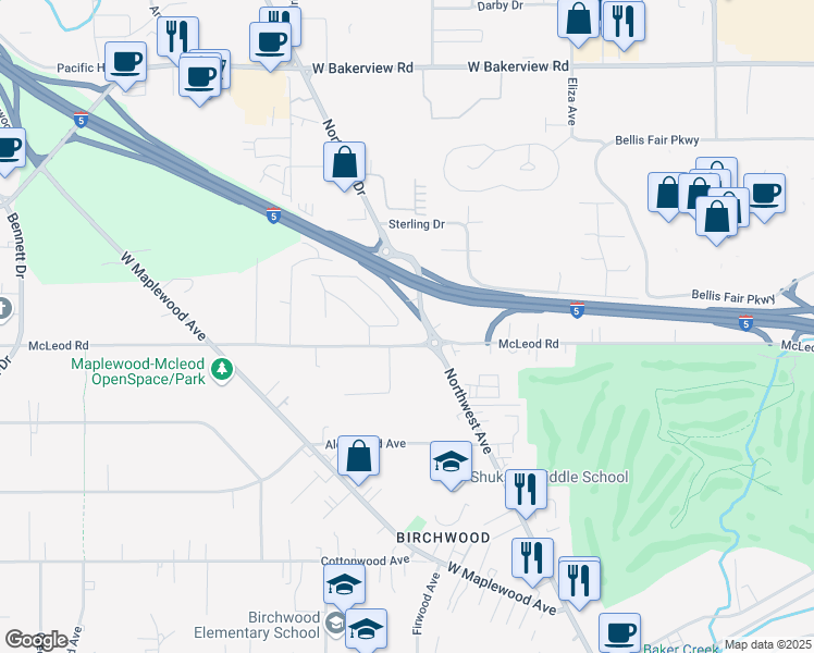 map of restaurants, bars, coffee shops, grocery stores, and more near 3608 East Rusley Drive in Bellingham