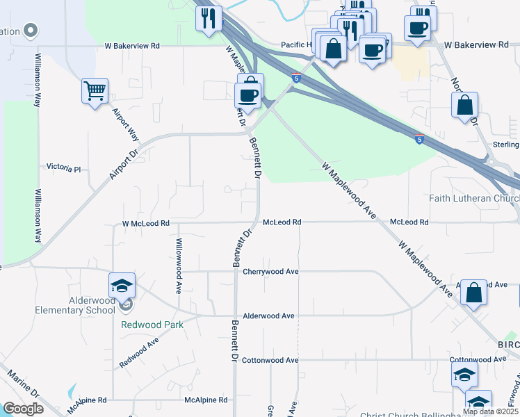 map of restaurants, bars, coffee shops, grocery stores, and more near 3609 Bennett Drive in Bellingham