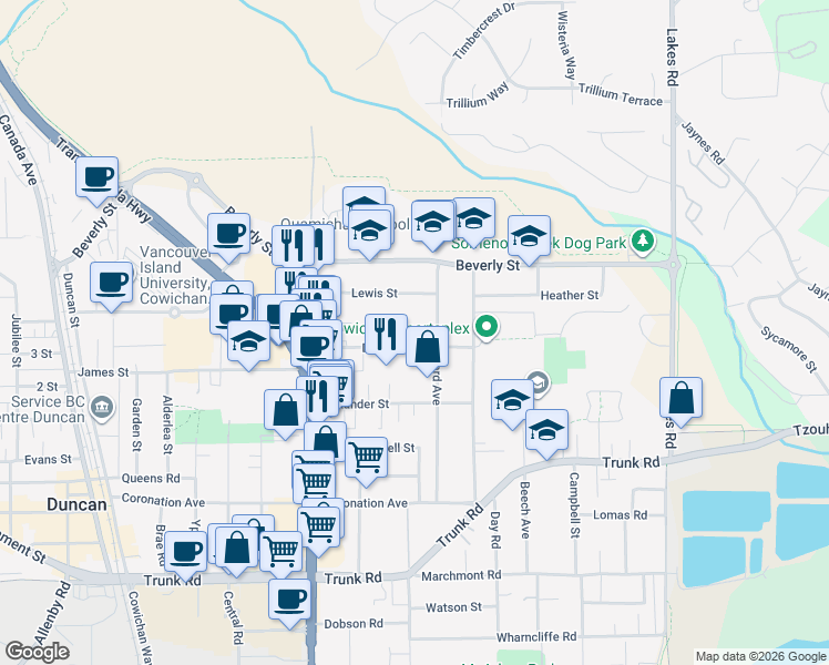 map of restaurants, bars, coffee shops, grocery stores, and more near 2525 Dingwall Street in Duncan