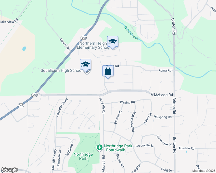map of restaurants, bars, coffee shops, grocery stores, and more near 1314 McLeod Road in Bellingham