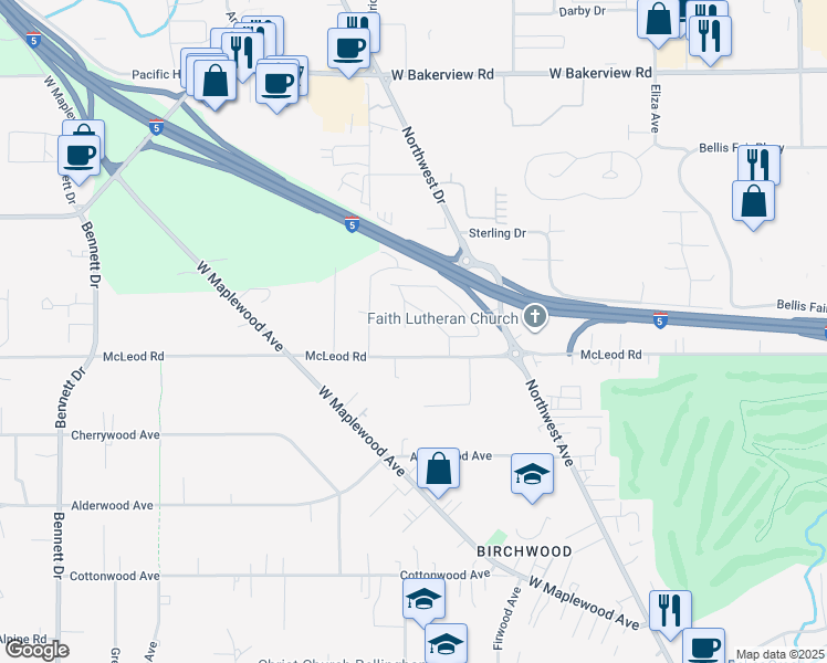 map of restaurants, bars, coffee shops, grocery stores, and more near 3614 Rusley Court in Bellingham