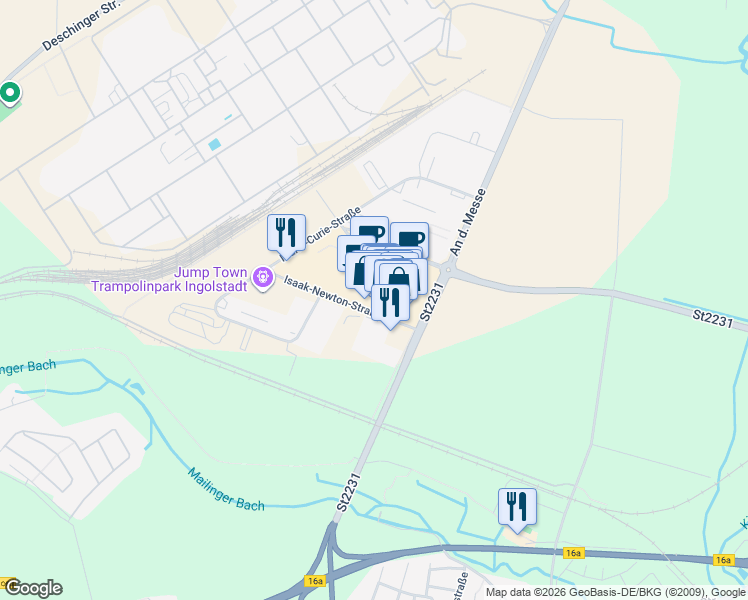 map of restaurants, bars, coffee shops, grocery stores, and more near 1 Otto-Hahn-Straße in Ingolstadt