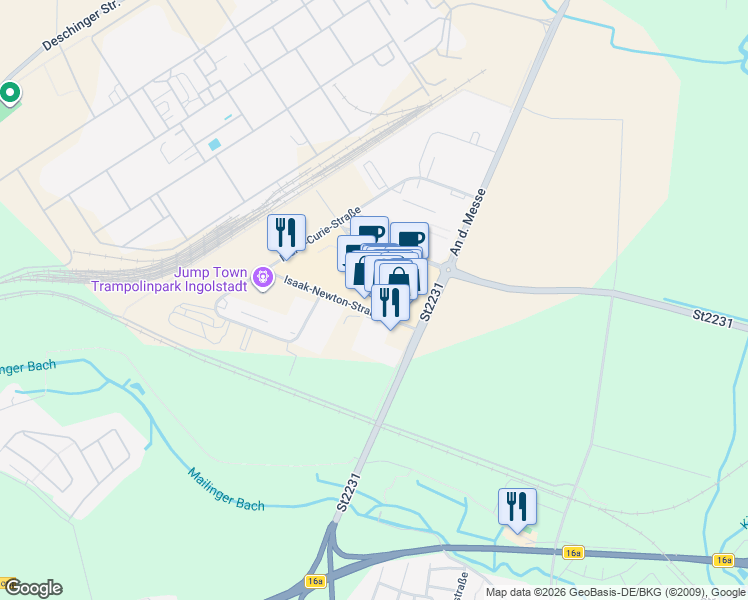 map of restaurants, bars, coffee shops, grocery stores, and more near 1 Otto-Hahn-Straße in Ingolstadt