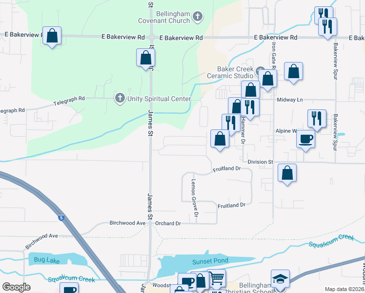 map of restaurants, bars, coffee shops, grocery stores, and more near 3802 James Street in Bellingham