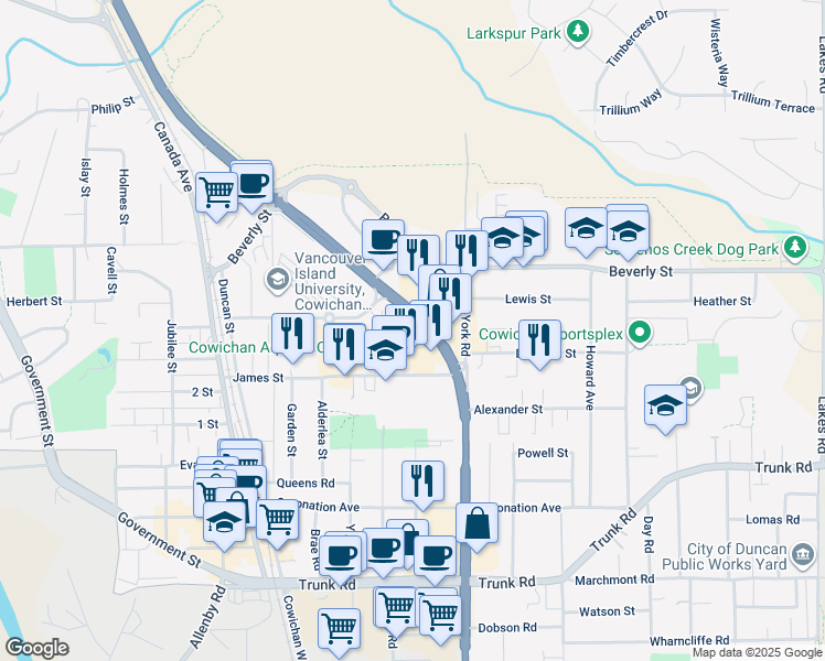 map of restaurants, bars, coffee shops, grocery stores, and more near 5852 Trans-Canada Highway in Duncan