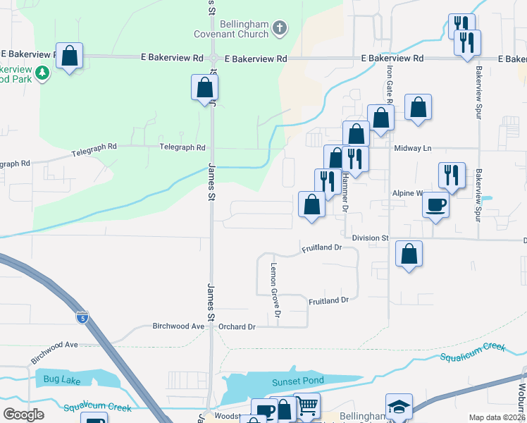map of restaurants, bars, coffee shops, grocery stores, and more near 3802 James Street in Bellingham
