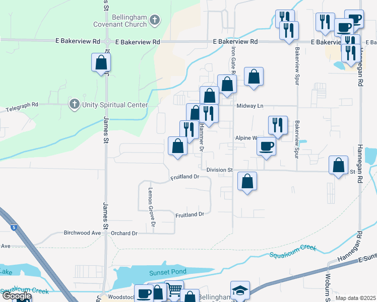 map of restaurants, bars, coffee shops, grocery stores, and more near 1650 Jills Court in Bellingham