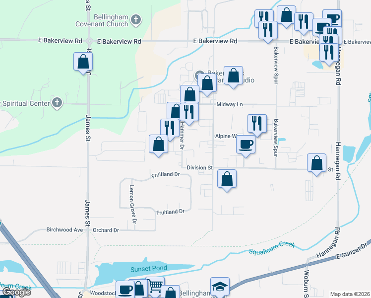 map of restaurants, bars, coffee shops, grocery stores, and more near 3820 Hammer Drive in Bellingham