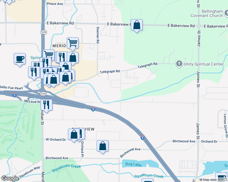 map of restaurants, bars, coffee shops, grocery stores, and more near 3856 Primrose Lane in Bellingham
