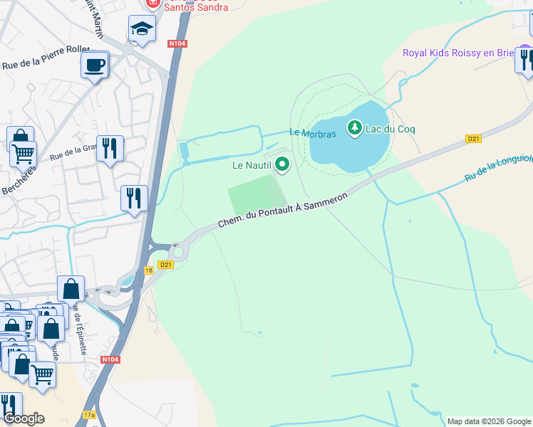 map of restaurants, bars, coffee shops, grocery stores, and more near Chemin du Pontault À Sammeron in Pontault-Combault
