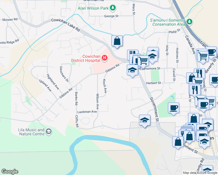 map of restaurants, bars, coffee shops, grocery stores, and more near 5861 Kinch Avenue in Duncan
