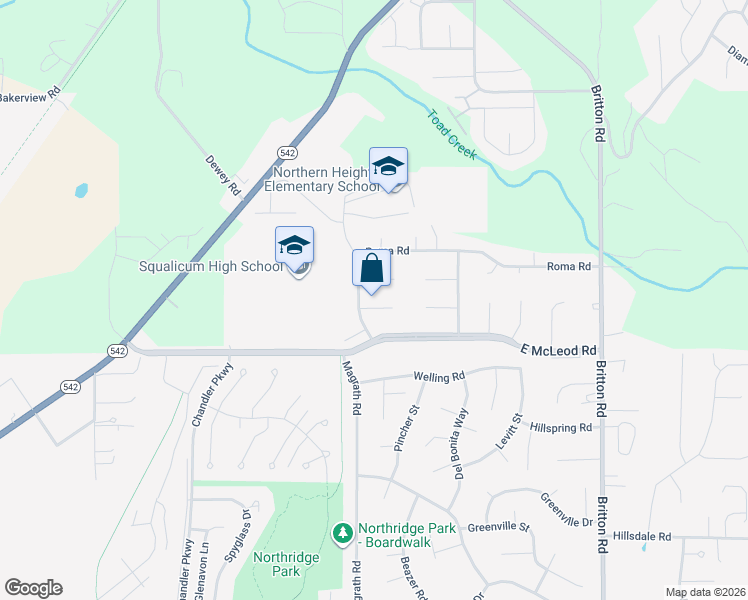 map of restaurants, bars, coffee shops, grocery stores, and more near 1314 McLeod Road in Bellingham