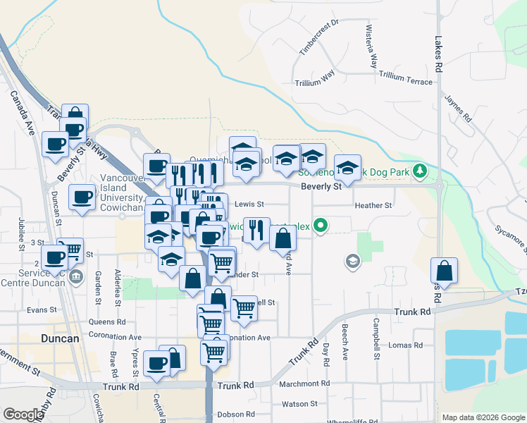 map of restaurants, bars, coffee shops, grocery stores, and more near 2524 Lewis Street in Duncan