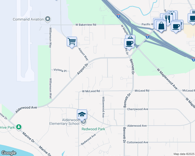 map of restaurants, bars, coffee shops, grocery stores, and more near 3420 West McLeod Road in Bellingham