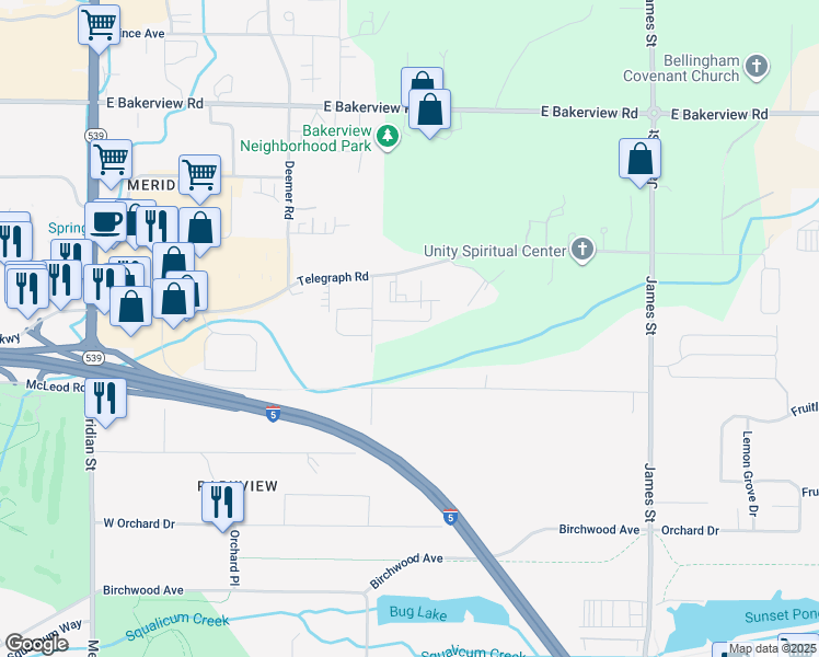 map of restaurants, bars, coffee shops, grocery stores, and more near 3821 Primrose Lane in Bellingham