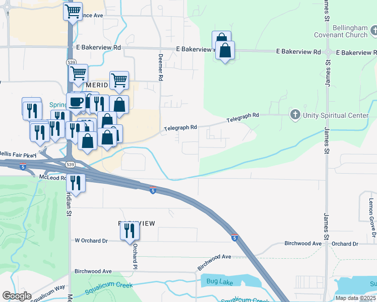 map of restaurants, bars, coffee shops, grocery stores, and more near 3936 Primrose Lane in Bellingham