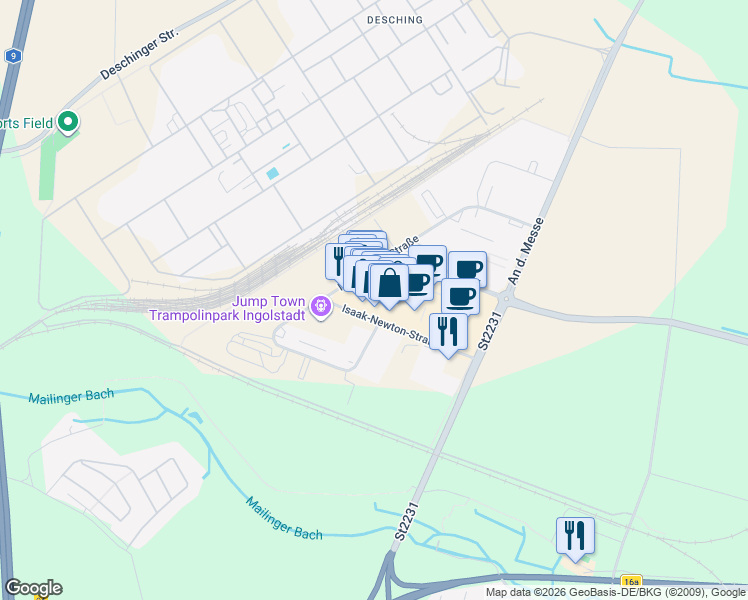 map of restaurants, bars, coffee shops, grocery stores, and more near 1 Otto-Hahn-Straße in Ingolstadt