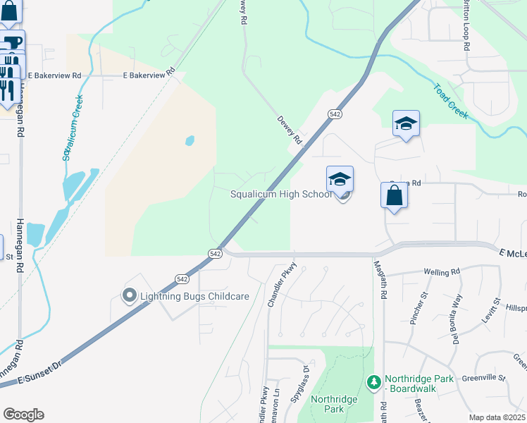 map of restaurants, bars, coffee shops, grocery stores, and more near 3306 East Sunset Drive in Bellingham