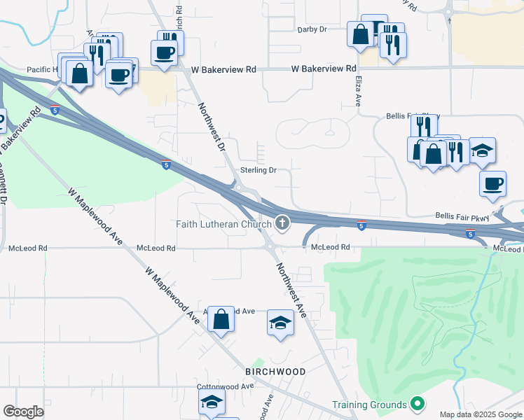 map of restaurants, bars, coffee shops, grocery stores, and more near 3870 Northwest Drive in Bellingham
