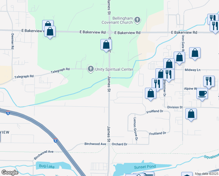 map of restaurants, bars, coffee shops, grocery stores, and more near James Street in Bellingham