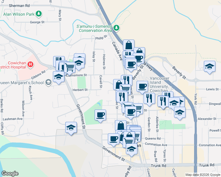 map of restaurants, bars, coffee shops, grocery stores, and more near 255 White Road in Duncan