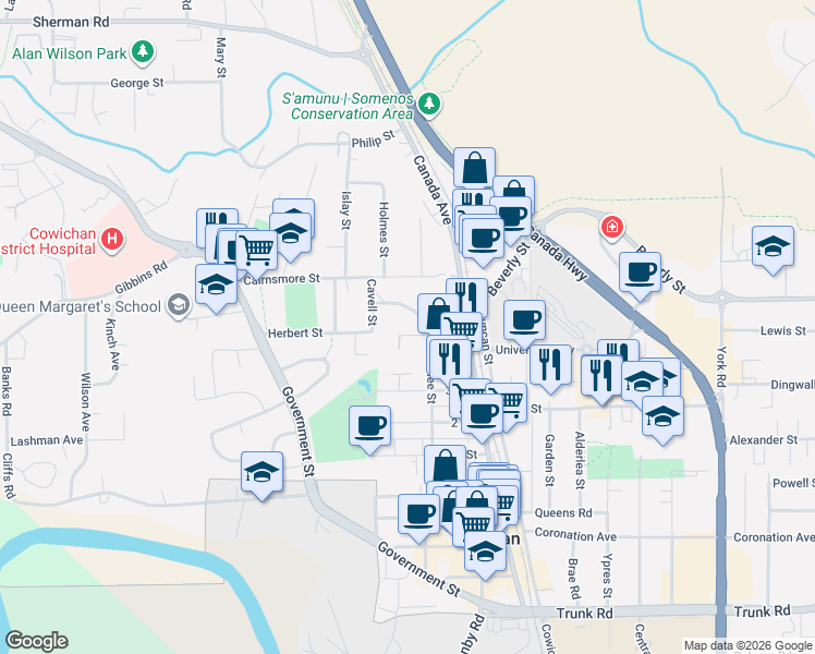 map of restaurants, bars, coffee shops, grocery stores, and more near 255 White Road in Duncan