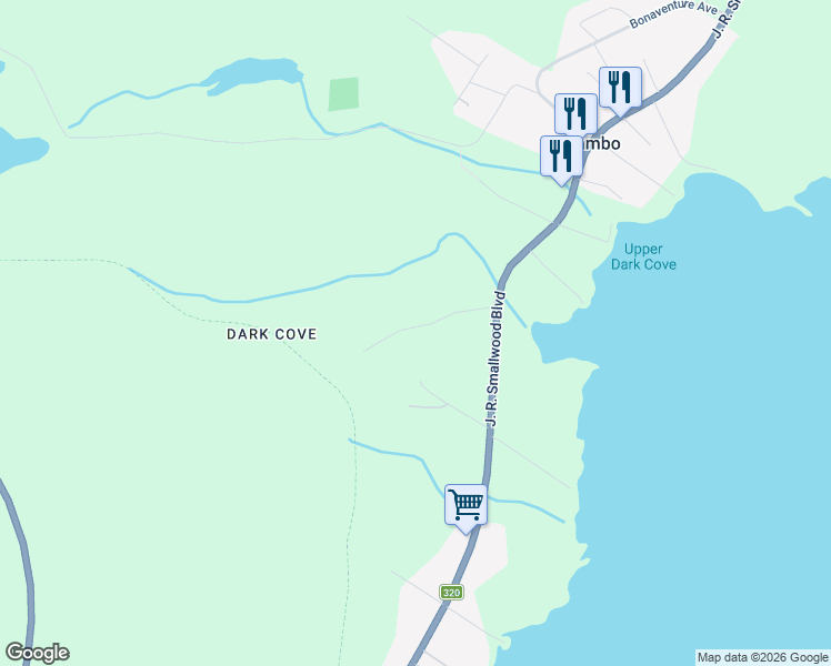 map of restaurants, bars, coffee shops, grocery stores, and more near 17 Forest Road in Hare Bay