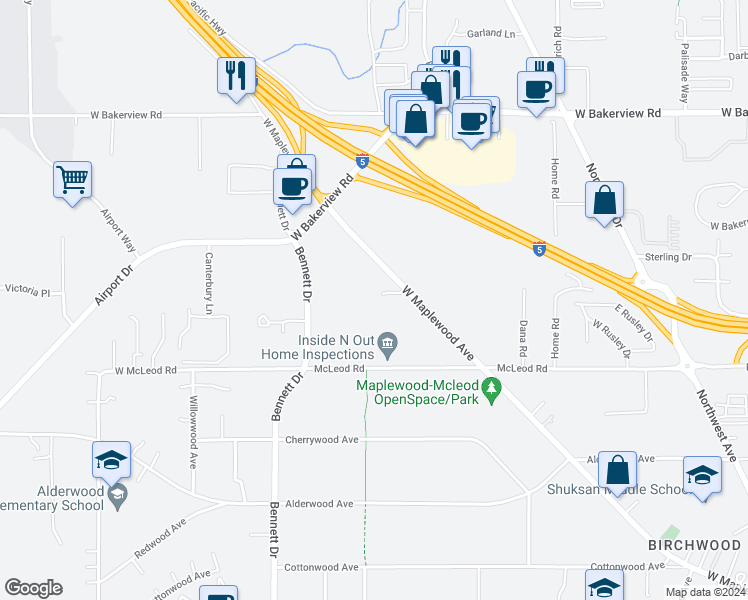 map of restaurants, bars, coffee shops, grocery stores, and more near 1409 Bradley Lane in Bellingham