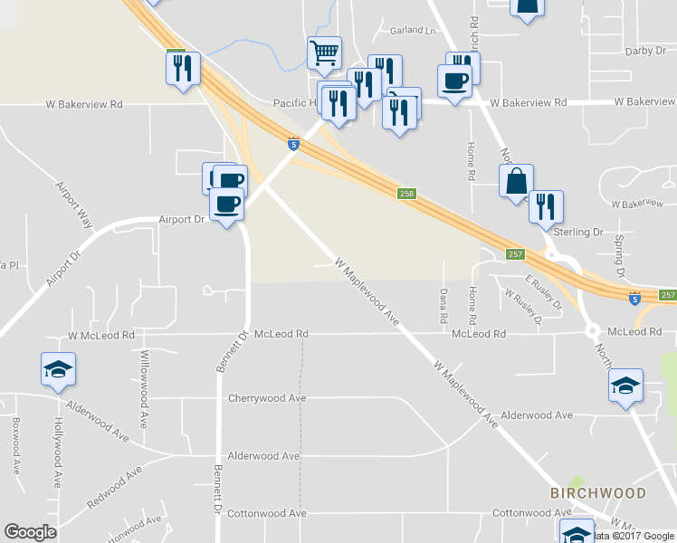 map of restaurants, bars, coffee shops, grocery stores, and more near 3150 West Maplewood Avenue in Bellingham