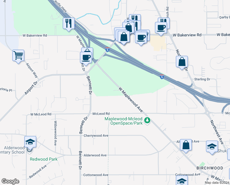 map of restaurants, bars, coffee shops, grocery stores, and more near 1409 Bradley Lane in Bellingham