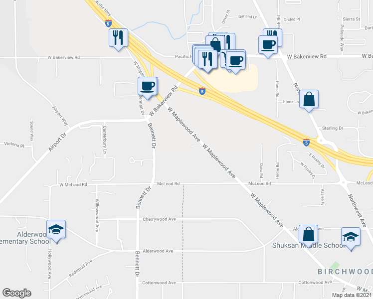 map of restaurants, bars, coffee shops, grocery stores, and more near 1409 Bradley Lane in Bellingham
