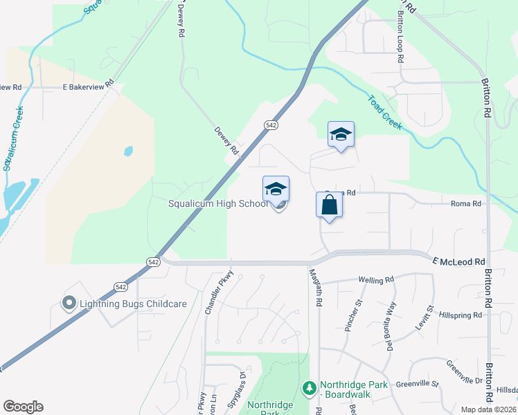 map of restaurants, bars, coffee shops, grocery stores, and more near 3773 East McLeod Road in Bellingham