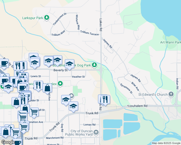map of restaurants, bars, coffee shops, grocery stores, and more near 5847 Chesterfield Avenue in Duncan