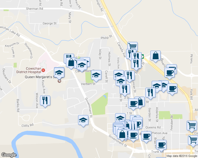 map of restaurants, bars, coffee shops, grocery stores, and more near 940 McDonald Street in Duncan