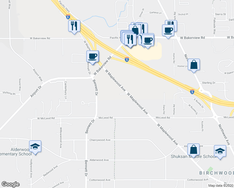 map of restaurants, bars, coffee shops, grocery stores, and more near 1409 Bradley Lane in Bellingham