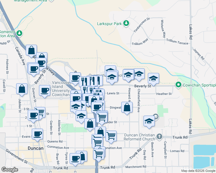 map of restaurants, bars, coffee shops, grocery stores, and more near 2562 Beverly Street in Duncan